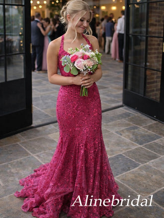 Sparkly Pink Sequins Mermaid Prom Dress with Lace-Up Back, Evening Dress, PD3823014