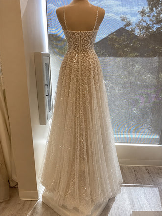 Sparkly White Beadings V-neck  A-line Tulle Prom Dress, Evening Gowns, PD38132