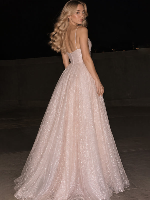 Sparkly Pink Spaghetti Straps A-line Tulle Prom Dress, Evening Dress, PD28231270