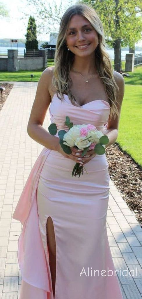 Elegant Side Slit  Strapless Asymmetrical Ruffle Light Pink Long Mermaid Prom Dress，Formal Dress, PD382271