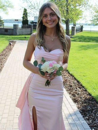 Elegant Side Slit  Strapless Asymmetrical Ruffle Light Pink Long Mermaid Prom Dress，Formal Dress, PD382271
