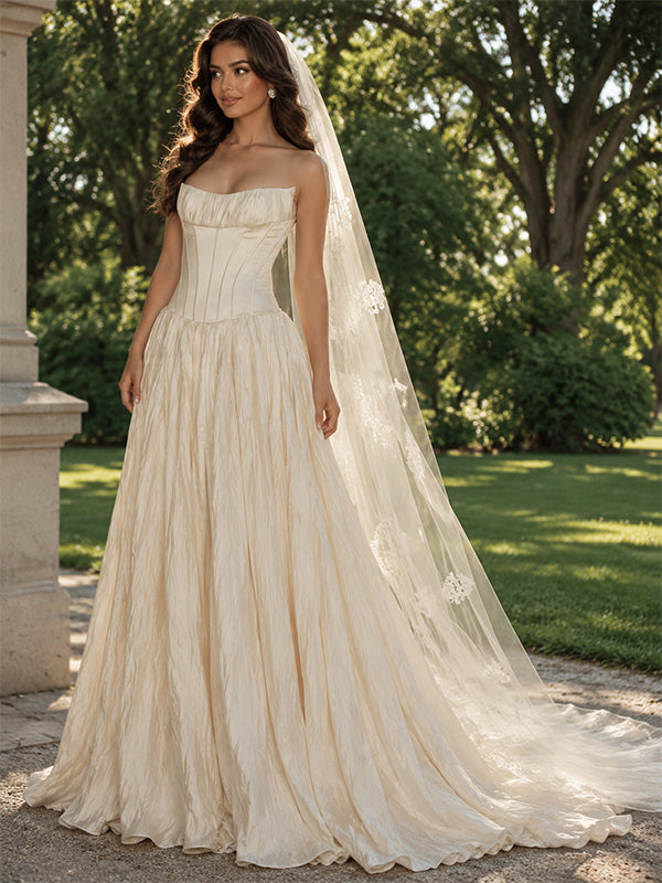 Elegant Ivory Ruched Strapless A-line Satin Wedding Dress, WD32248