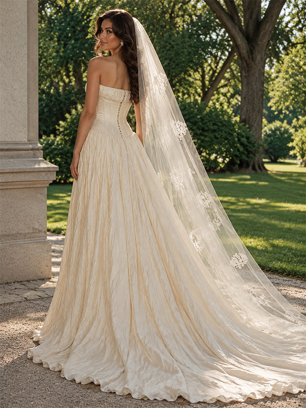 Elegant Ivory Ruched Strapless A-line Satin Wedding Dress, WD32248