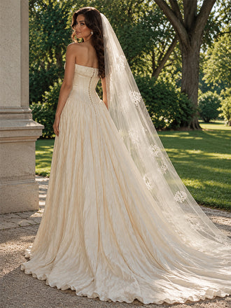Elegant Ivory Ruched Strapless A-line Satin Wedding Dress, WD32248