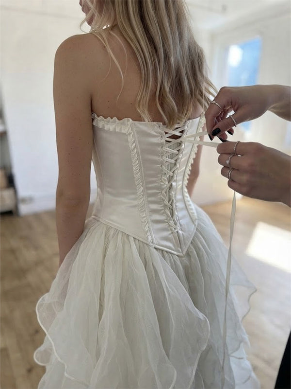 Elegant Ivory Bow Strapless A-line Tiered Tulle Wedding Dress, WD32232