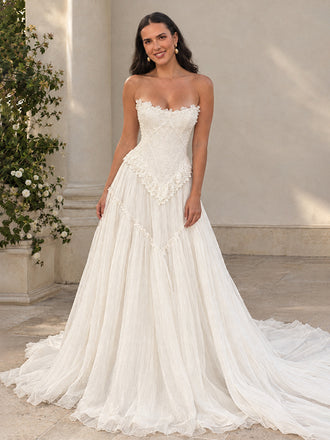 Grorgeous Strapless 3D Floral Lace Boho A-Line Crinkled Tulle Wedding Dress, WD32246