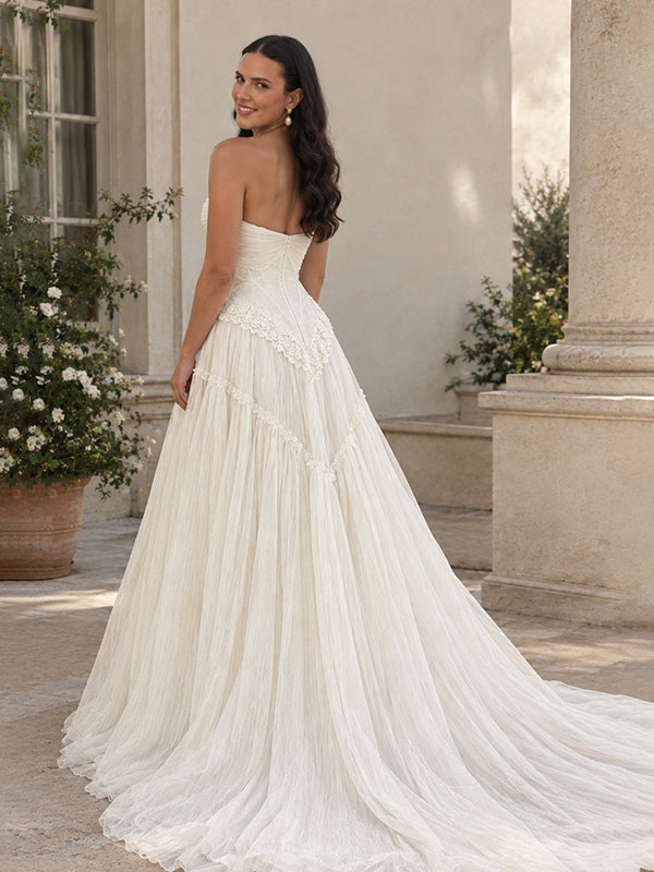 Grorgeous Strapless 3D Floral Lace Boho A-Line Crinkled Tulle Wedding Dress, WD32246