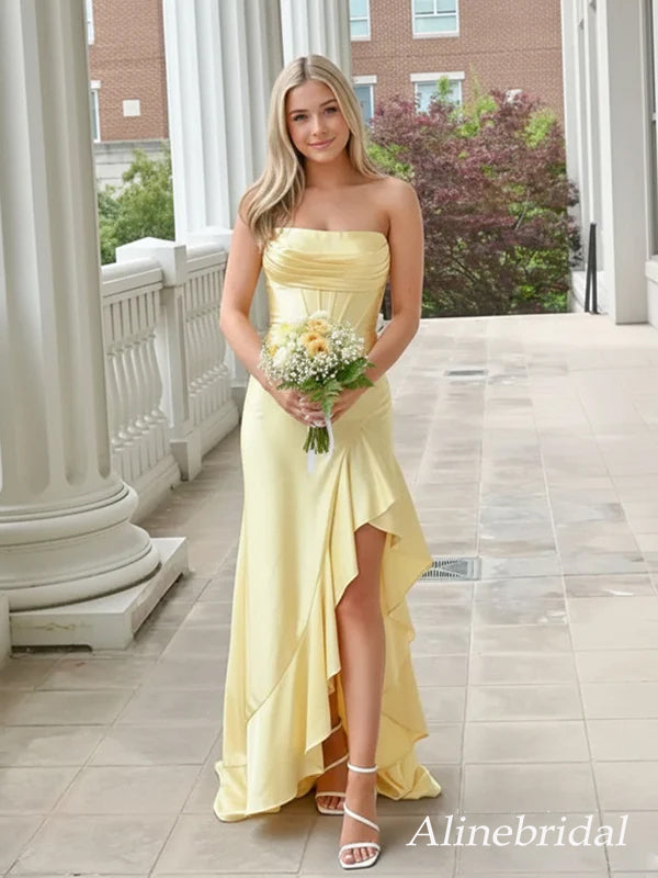 Elegant Yellow Strapless Ruffles Corset Prom Dress with Slit, PD382266