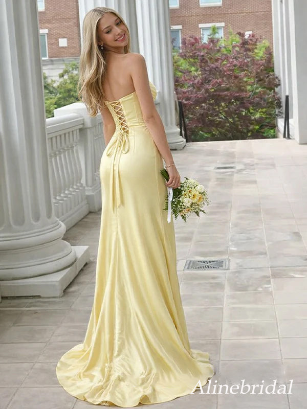 Elegant Yellow Strapless Ruffles Corset Prom Dress with Slit, PD382266 AlineBridal Elegant Yellow Strapless Ruffles Corset Prom Dress with Slit, PD382266 AlineBridal