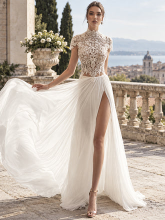 Elegant Two Piece A-line Lace Top A-line Chiffon Wedding Dresses with Cap Sleeves, WD1204