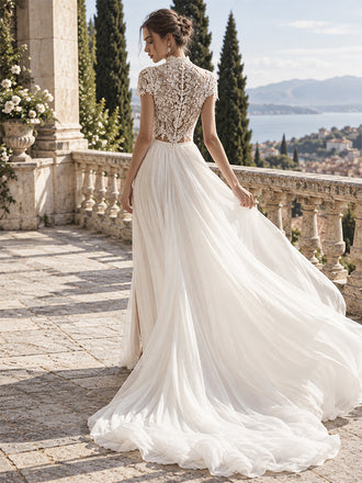 Elegant Two Piece A-line Lace Top A-line Chiffon Wedding Dresses with Cap Sleeves, WD1204