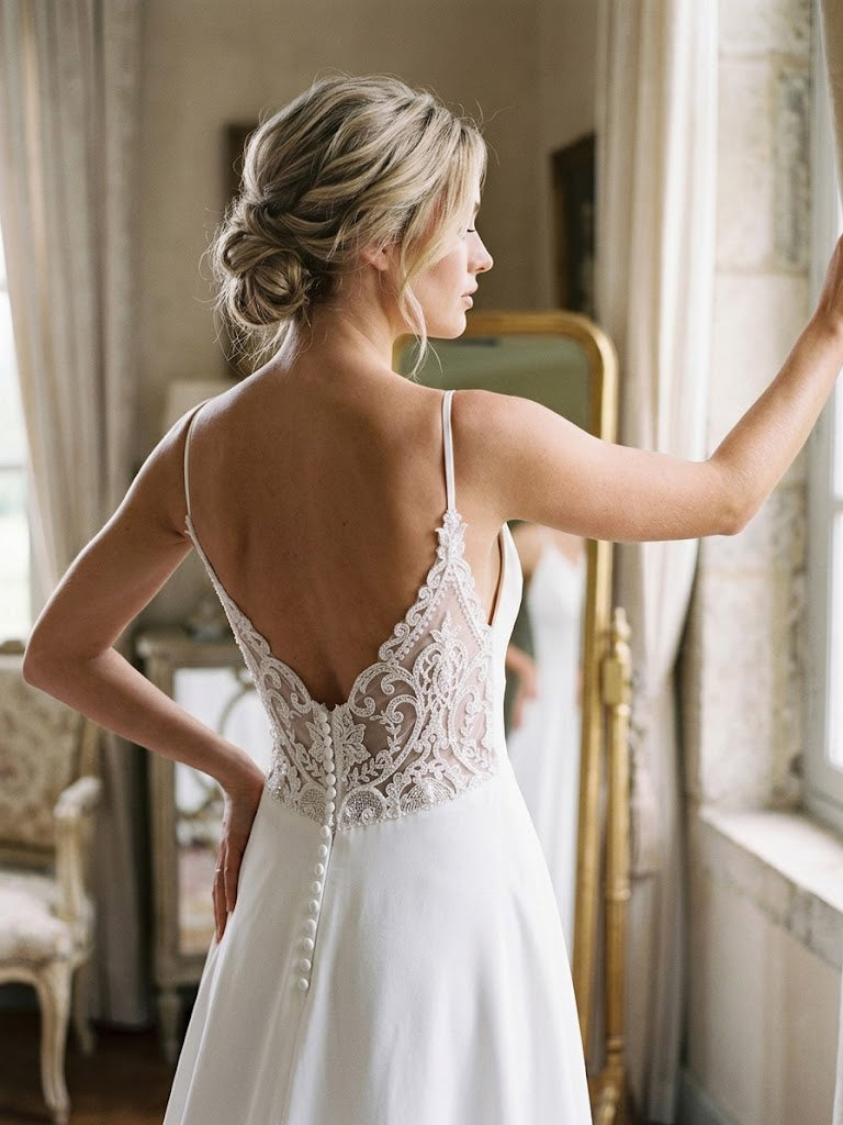 Elegant V-neck Low Back A-line Long Wedding Dress, WD3011 – AlineBridal