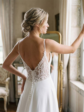 Elegant V-neck Low Back A-line Long Wedding Dress, WD3011