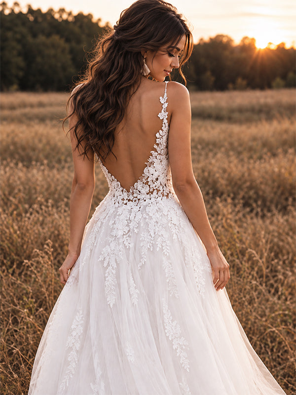Sexy V-neck Spaghetti Strap Lace Appliques A-line Long Wedding Dresses,WD3054
