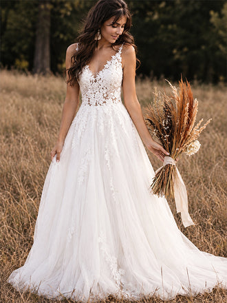 Sexy V-neck Spaghetti Strap Lace Appliques A-line Long Wedding Dresses,WD3054