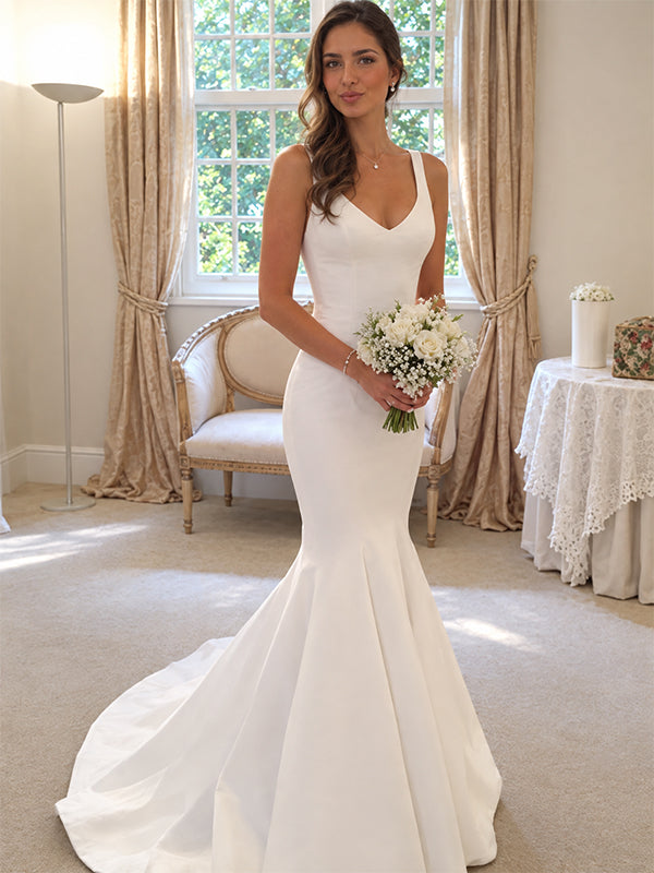 Elegant V-neck Low Back Mermaid Satin Wedding Dresses, WD3108