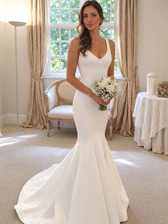 Elegant V-neck Low Back Mermaid Satin Wedding Dresses, WD3108