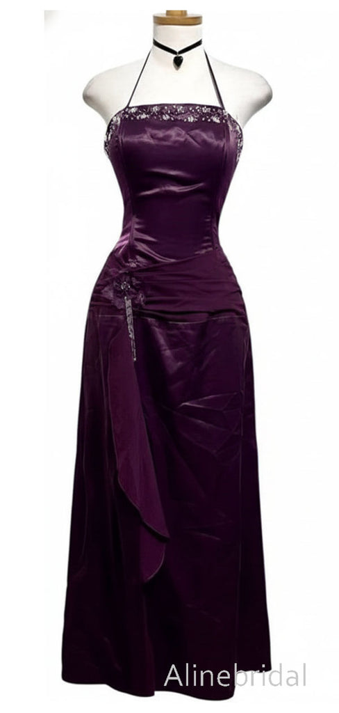 Vintage Purple Floral Halter A-line Long Prom Dress, Beaded Evening Dress, PD3822998