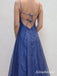 Elegant Blue Lace Spaghetti Strap A-line Long Prom Dress with Tulle Detailing,PD381972