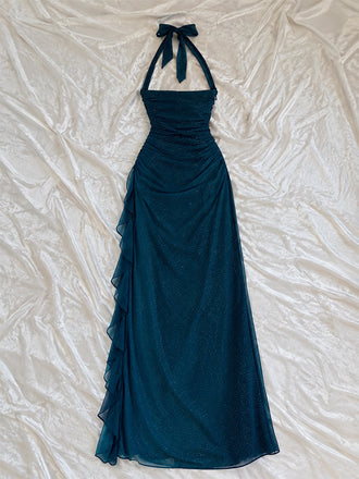 Vintage Blue Halter Ruffles Tulle Prom Dress, Evening Dress, PD28231257