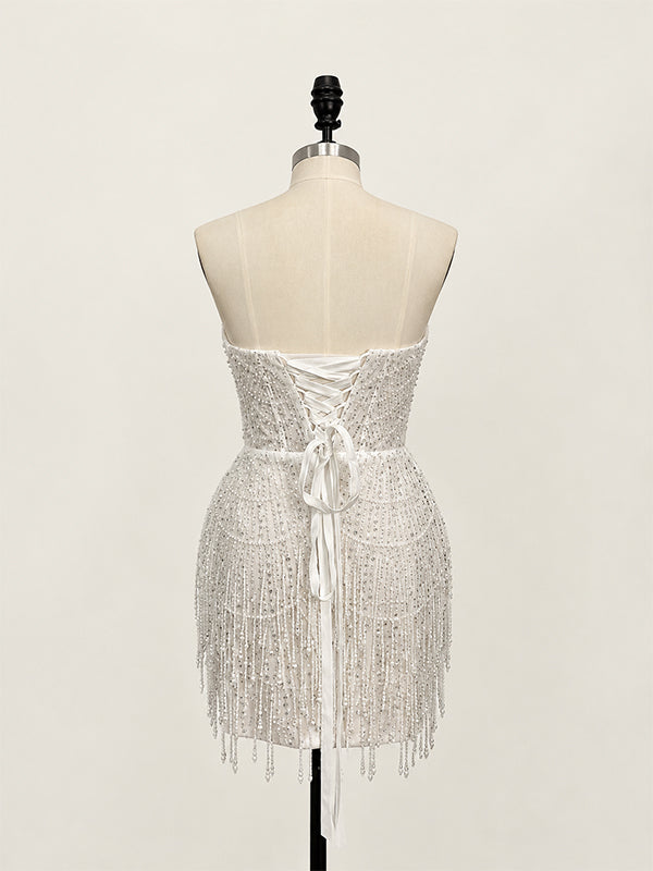 Sparkly White Beaded Strapless Short Homecoming Dress, HC382314