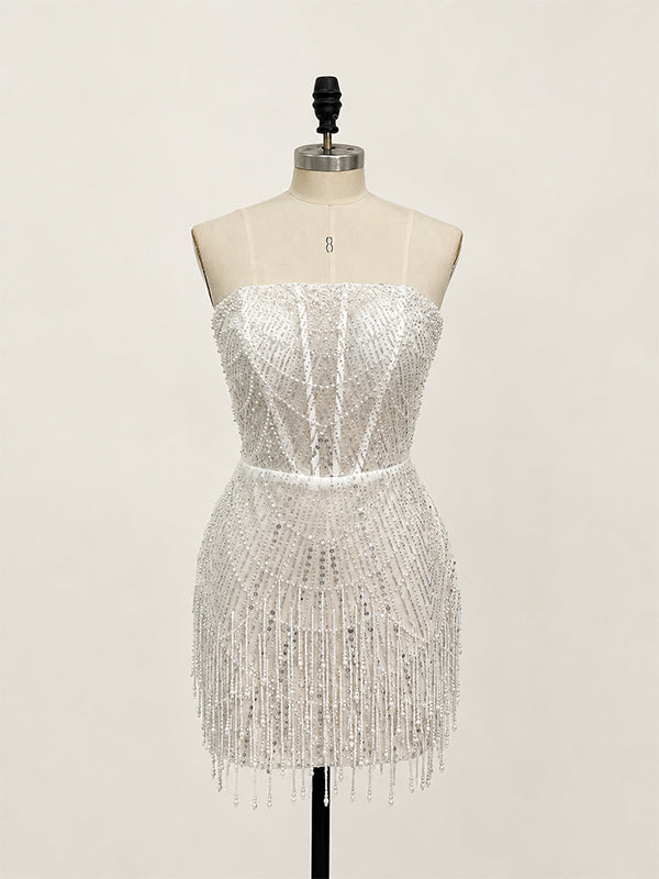 Sparkly White Beaded Strapless Short Homecoming Dress, HC382314