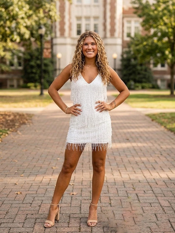 Sparkly White Fringe Open Back Bodycon Short Homecoming Dress, HC382296