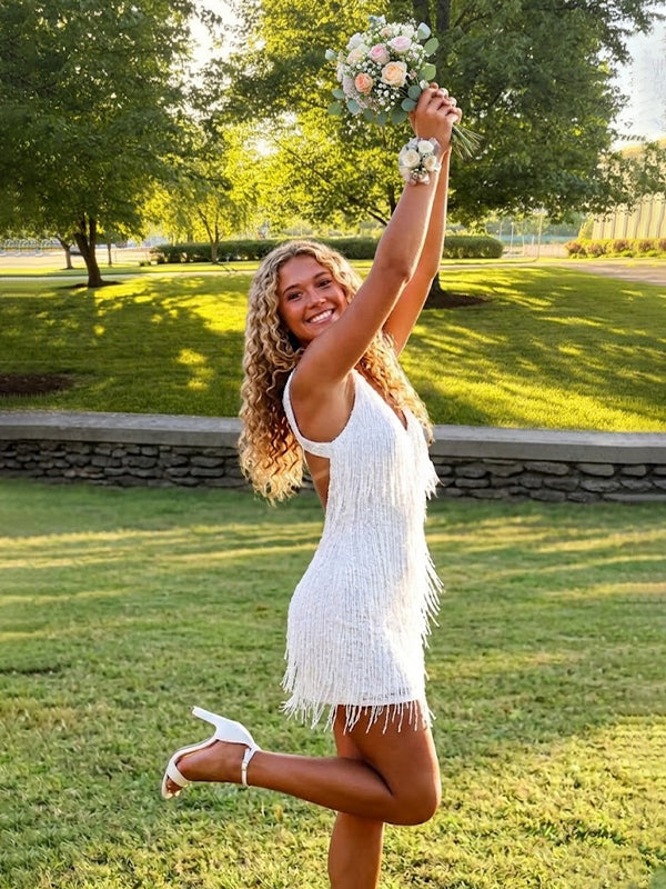 Sparkly White Fringe Open Back Bodycon Short Homecoming Dress, HC382296