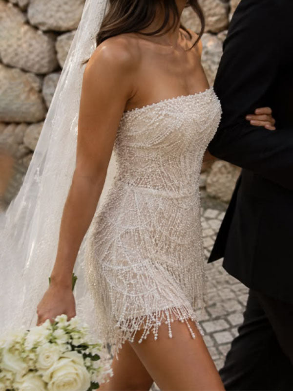 Sparkly Pearl Beaded Fringe Bridal Mini Dress, HC382314