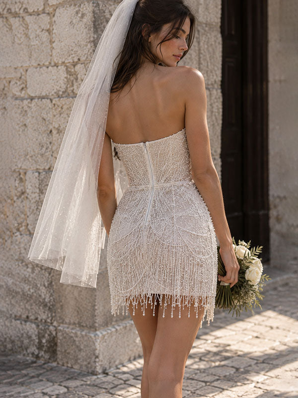 Sparkly Pearl Beaded Fringe Bridal Mini Dress, HC382314
