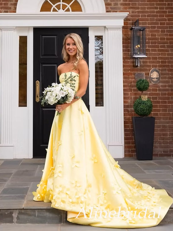 Stunning Yellow Floral Appliques Strapless A-line Satin Prom Dress, Evening Dress, PD3823023