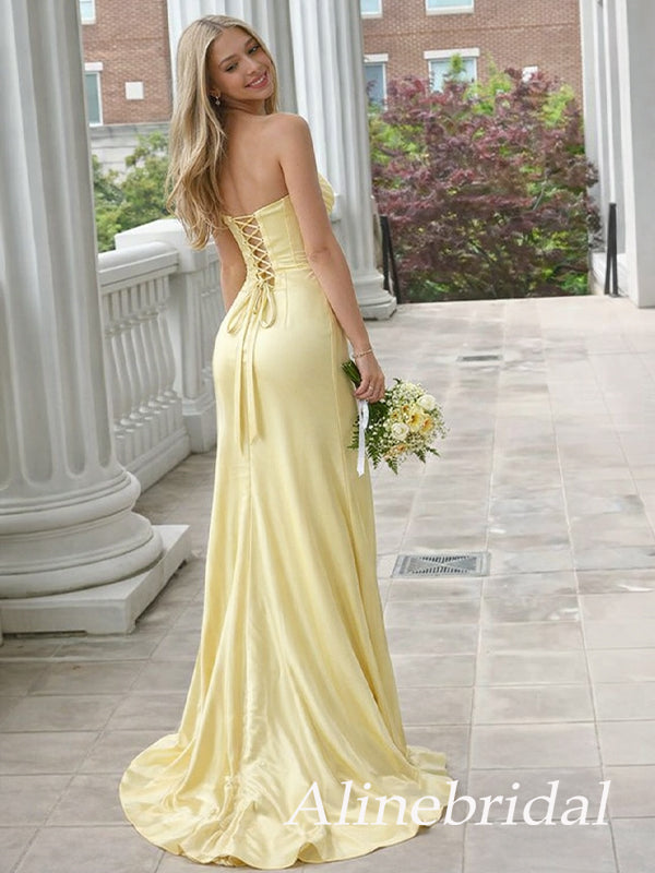 Elegant Yellow Strapless Ruffles Long Prom Dresses, Corset Asymmetrical Evening Dresses, PD382266