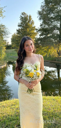 Elegant Yellow Side Cut-Out Lace Mermaid Prom Dress, Long Evening Dress, PD3822996