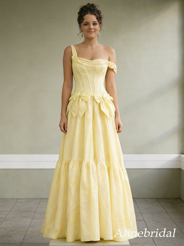 Gorgeous Yellow Bow Off the Shoulder A-line Prom Gown, Evening Dress, PD2823053