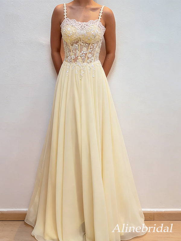 Elegant Yellow Chiffon A-line Prom Dress with Lace Applques, Evening Dress, PD3823044