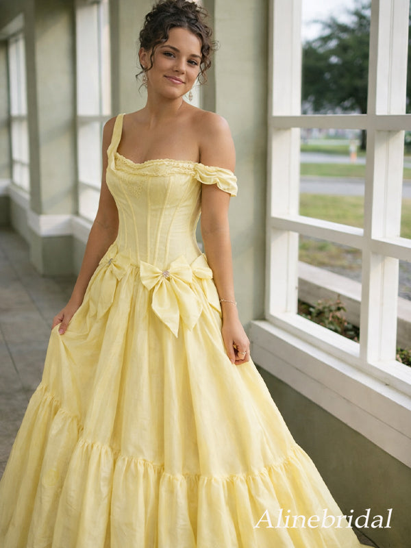 Gorgeous Yellow Bow Off the Shoulder A-line Prom Gown, Evening Dress, AlineBridal Gorgeous Yellow Bow Off the Shoulder A-line Prom Gown, Evening Dress, AlineBridal