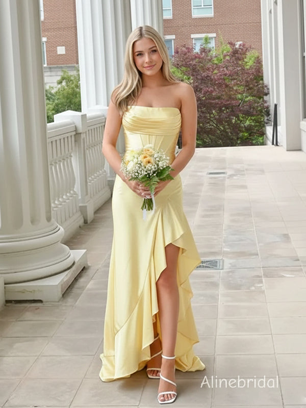 Elegant Yellow Strapless Corset Asymmetrical Ruffle Prom Dress, Formal Dress, PD382266