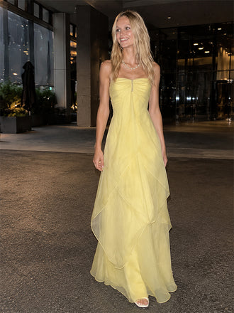 Elegant Yellow Halter A-line Long Prom Party Dress, Evening Dress, PD2823051