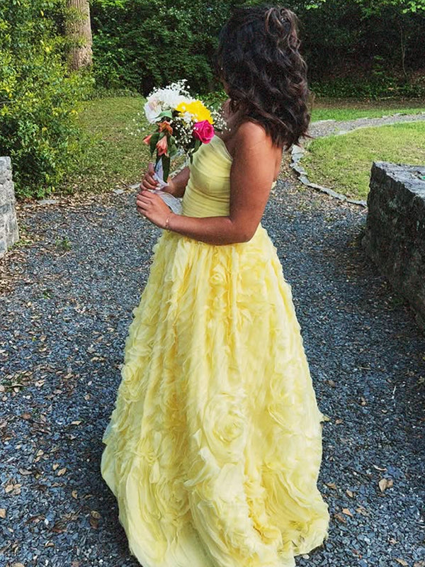 yellow strapless prom dress Sequined Layers A-line Long Yellow / Custom Size Full Length Back Gorgeous Yellow Strapless Pleated A-line