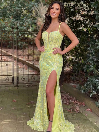 Sparkly YellowSequins High Slit Long Mermaid Prom Dress, Evening Dress, PD381939