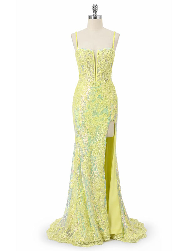 Sparkly YellowSequins High Slit Long Mermaid Prom Dress, Evening Dress, PD381939