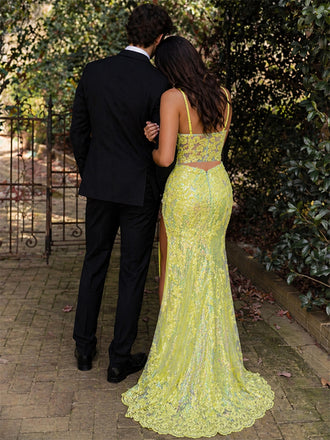 Sparkly YellowSequins High Slit Long Mermaid Prom Dress, Evening Dress, PD381939