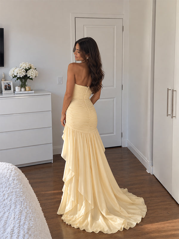 Elegant Yellow Strapless Side Slit Ruffles A-line Evening Dress, Prom Dress, PD28231274