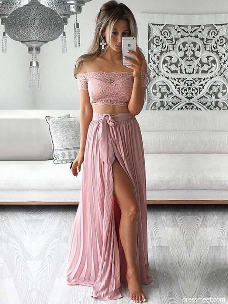 Long Two Pieces Off Shoulder Side Slit Sexy A-line Pink Prom Dress,PD0050