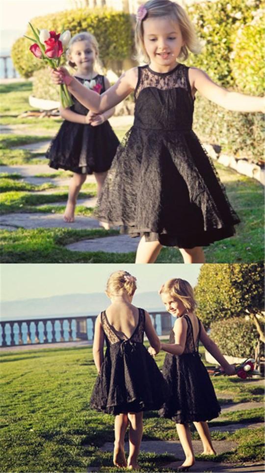 Round Neck Illusion Black Lace Cute V-back Flower Girl Dresses, Little AlineBridal Round Neck Illusion Black Lace Cute V-back Flower Girl Dresses, Little AlineBridal