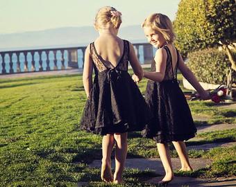 Round Neck Illusion Black Lace Cute V-back Flower Girl Dresses, Little AlineBridal Round Neck Illusion Black Lace Cute V-back Flower Girl Dresses, Little AlineBridal