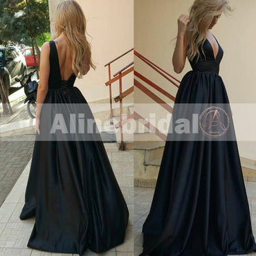 Formal Black Satin V-neck Sleeveless A-line Lace Up Back Charming  Prom Dresses,PD00079