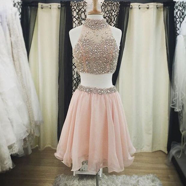 two piece pink homecoming dress Shop Beautiful 2020 V Neck Two Pieces Pink Satin Long Prom Dress Under 100