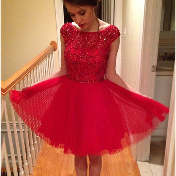 Red modest sparkly with sleeve freshman casual homecoming dresses,BD00105