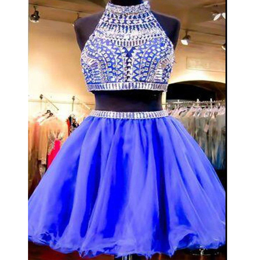 Sexy two pieces beaded Royal Blue short homecoming prom dresses, CM0028